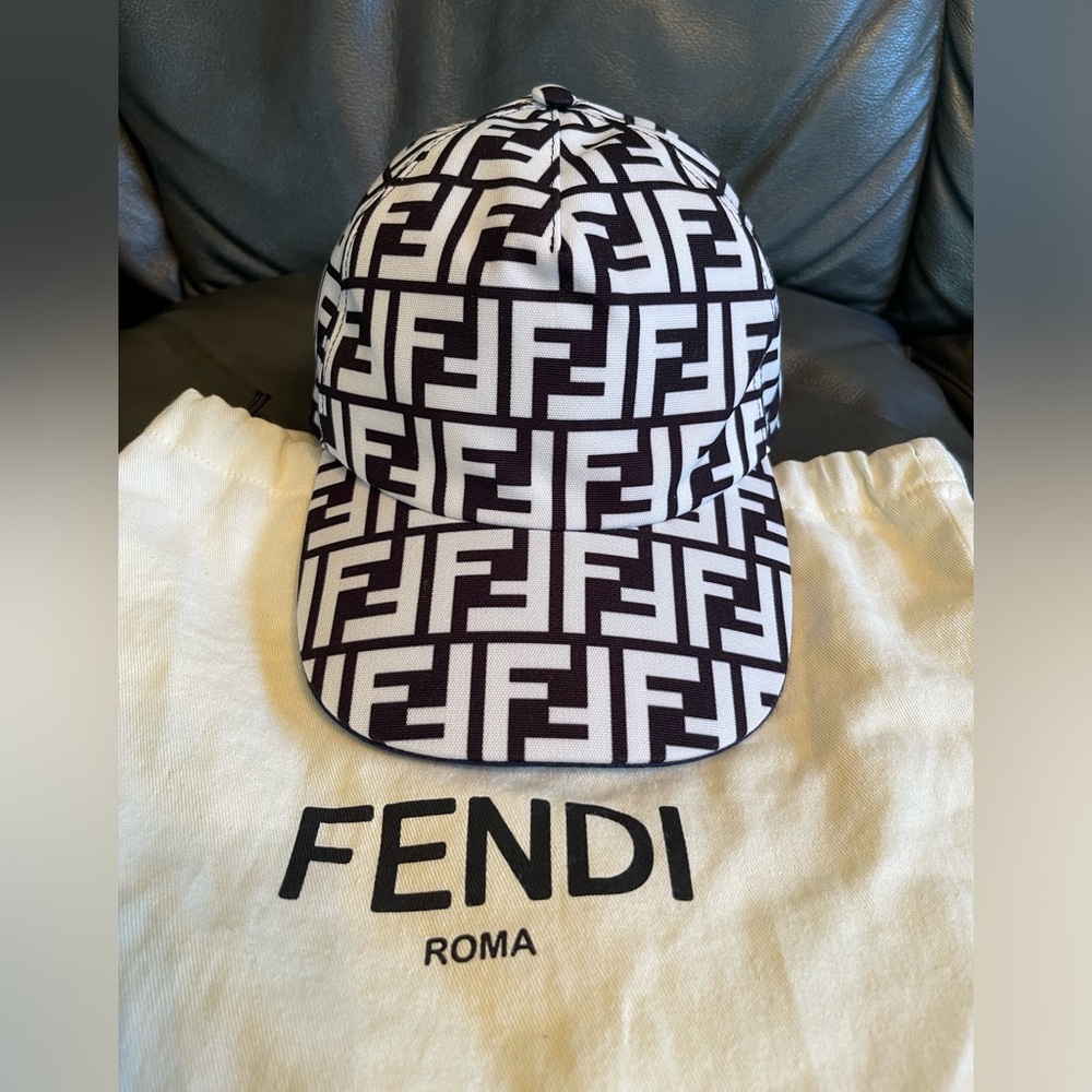 Black and white authentic Fendi baseball cap. Adjustable velcro strap